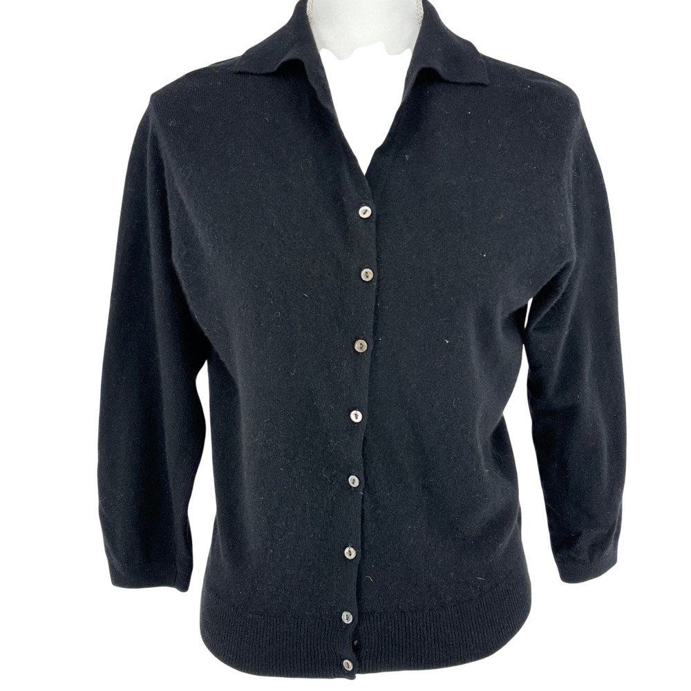 Vtg Lyle & Scott Black Cashmere Collared Button Front Classic Cardigan Sweater